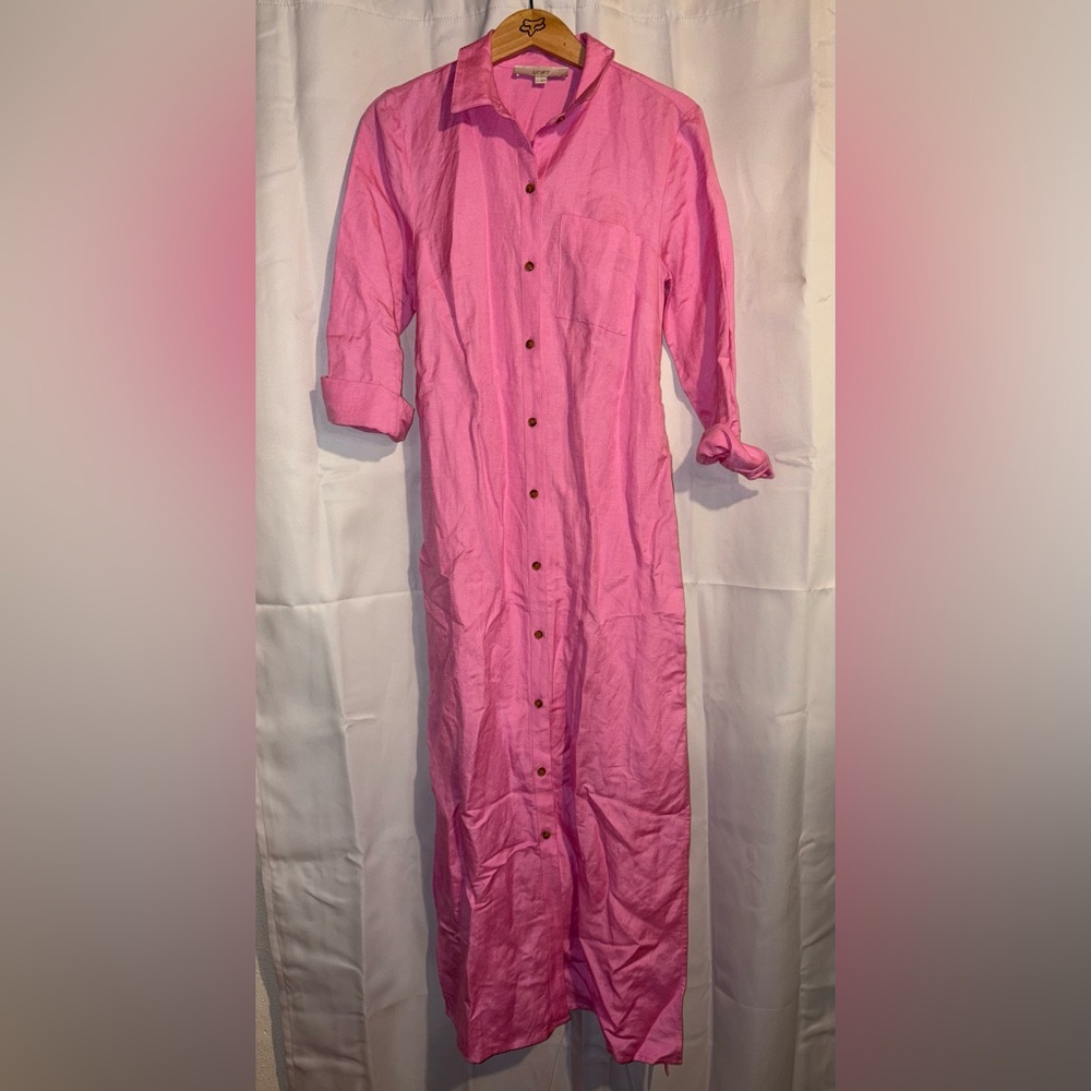 LOFT Dress Shirtdress Size 2 NWOT Linen Blend Maxi Pocket Pink Belt Button Front